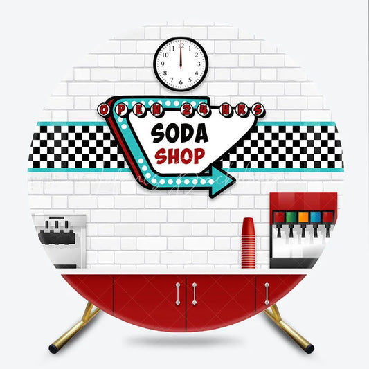 Lofaris 50s Diner Soda Shop Round Backdrop Retro Restaurant White Brick and Checkered Party Background