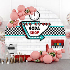 Lofaris 50s Diner Soda Shop Round Backdrop Retro Restaurant White Brick and Checkered Party Background