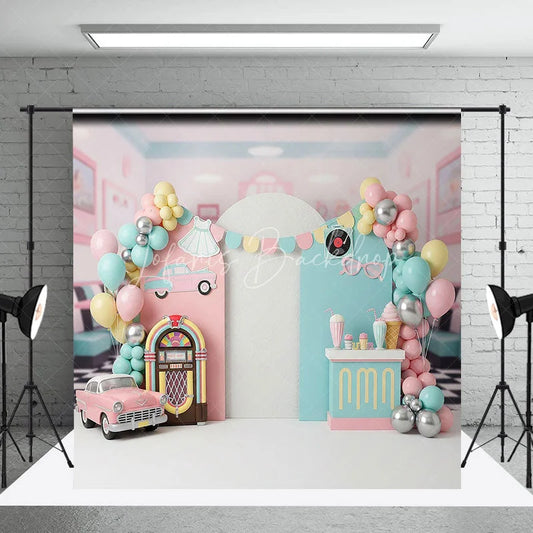 Lofaris 50s Retro Diner Jukebox Backdrop Pink Vintage Car and Milkshake for Birthday Party