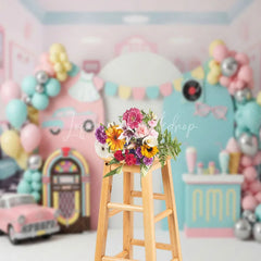 Lofaris 50s Retro Diner Jukebox Backdrop Pink Vintage Car and Milkshake for Birthday Party