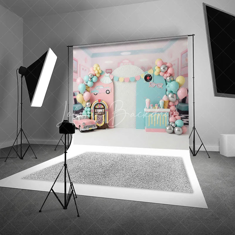 Lofaris 50s Retro Diner Jukebox Backdrop Pink Vintage Car and Milkshake for Birthday Party