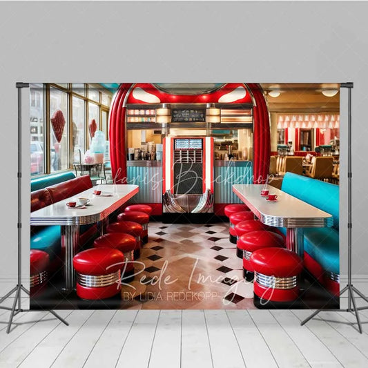 Lofaris 50s Retro Diner Photography Backdrop Red Stools Jukebox Checkerboard Floor Background Vintage Restaurant Photo Prop