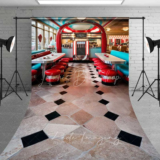 Lofaris 50s Retro Diner Sweep Backdrop Checkerboard Tile Floor Photography Mat Vintage Restaurant Decoration