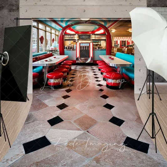 Lofaris 50s Retro Diner Sweep Backdrop Checkerboard Tile Floor Photography Mat Vintage Restaurant Decoration