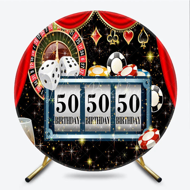 Lofaris 50th Birthday Round Backdrop Casino Las Vegas Slot Machine Red Curtain Party