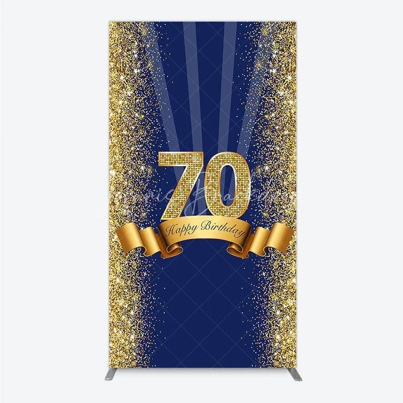 Lofaris 70th Happy Birthday Rectangle Backdrop Navy Blue and Gold Glitter Sparkle Party Celebration Background