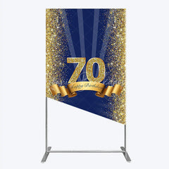 Lofaris 70th Happy Birthday Rectangle Backdrop Navy Blue and Gold Glitter Sparkle Party Celebration Background