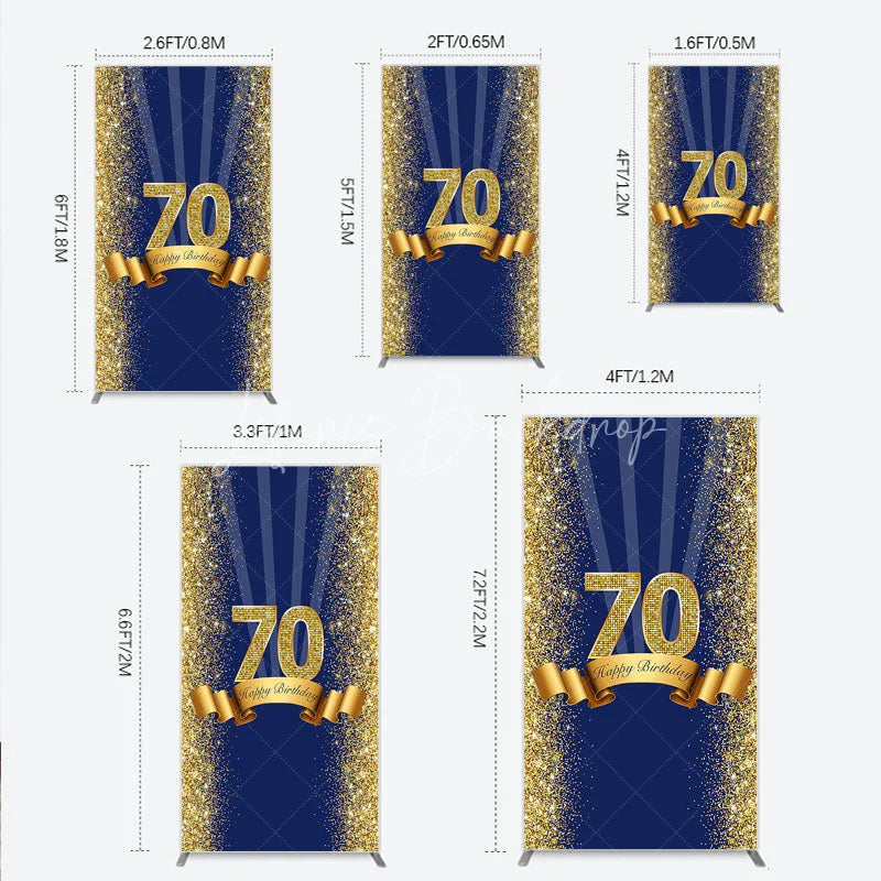 Lofaris 70th Happy Birthday Rectangle Backdrop Navy Blue and Gold Glitter Sparkle Party Celebration Background