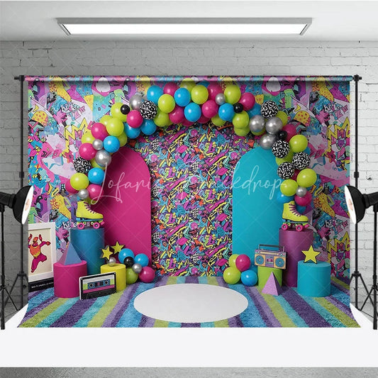 Lofaris 80s 90s Graffiti Retro Birthday Backdrop Vibrant Neon Pattern and Roller Skate Cake Smash Background