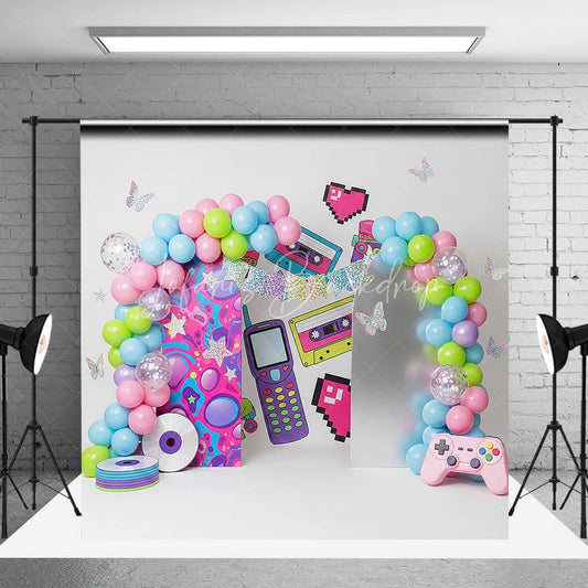 Lofaris 90s Retro Nostalgia Arch Backdrop Cassette and Game Controller for Birthday Party