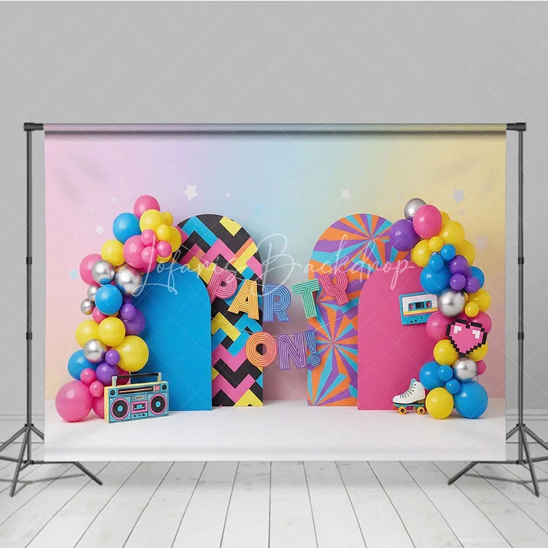 Lofaris 90s Retro Party On Birthday Backdrop Neon Colorful Boombox and Roller Skate Cake Smash Background