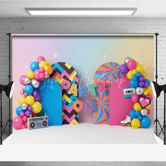 Lofaris 90s Retro Party On Birthday Backdrop Neon Colorful Boombox and Roller Skate Cake Smash Background