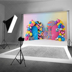 Lofaris 90s Retro Party On Birthday Backdrop Neon Colorful Boombox and Roller Skate Cake Smash Background