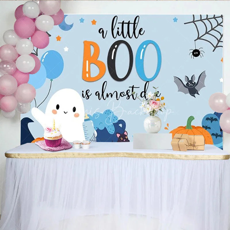 Lofaris A Little Boo is Almost Due Halloween Baby Shower Backdrop Cute Ghost with Blue and Orange Spooky Party for Boy