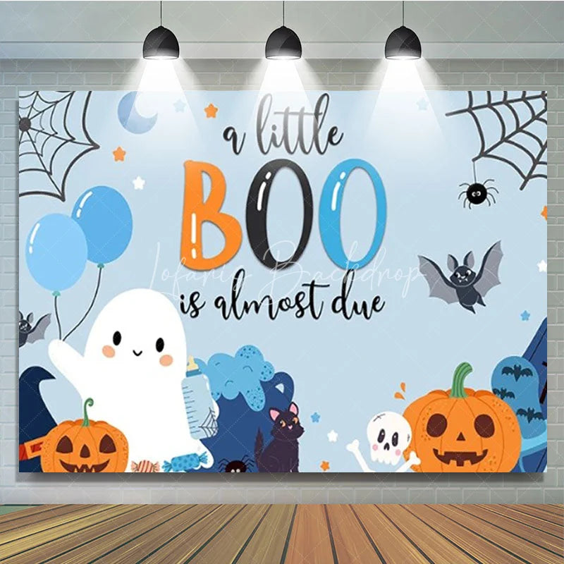 Lofaris A Little Boo is Almost Due Halloween Baby Shower Backdrop Cute Ghost with Blue and Orange Spooky Party for Boy