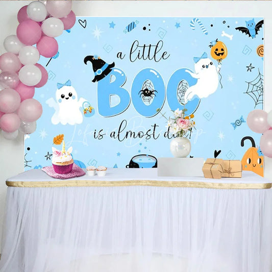 Lofaris A Little Boo is Almost Due Halloween Baby Shower Backdrop Cute Ghost with Blue Pumpkins Spooky Party for Boy