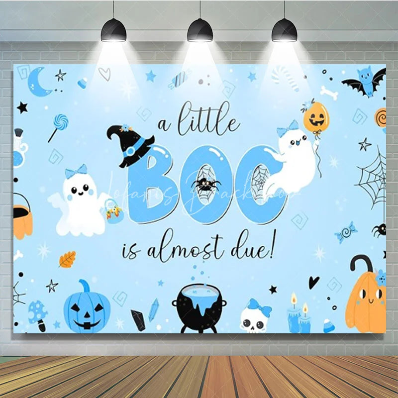Lofaris A Little Boo is Almost Due Halloween Baby Shower Backdrop Cute Ghost with Blue Pumpkins Spooky Party for Boy