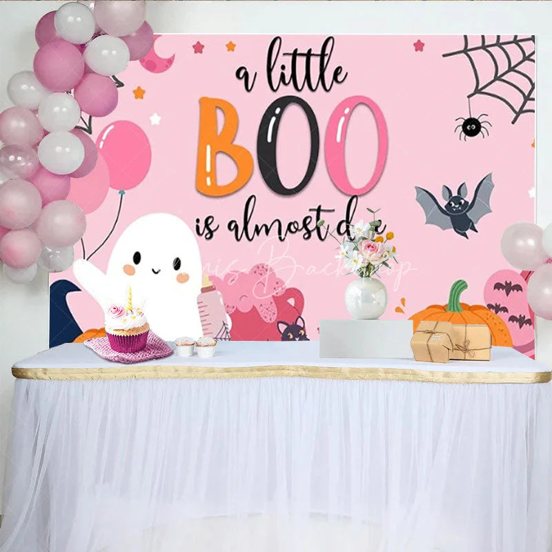 Lofaris A Little Boo is Almost Due Halloween Baby Shower Backdrop Cute Ghost with Pink Pumpkins Spooky Party for Girl