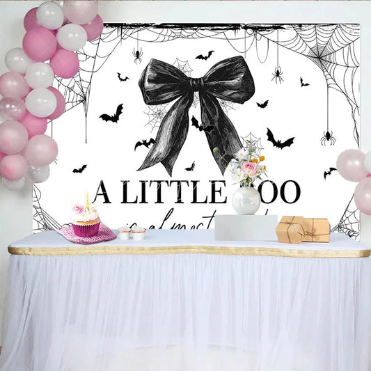 Lofaris A Little Boo is Almost Due Halloween Baby Shower Backdrop Gothic Black Bow with Spiders Spooky Elegant Decor