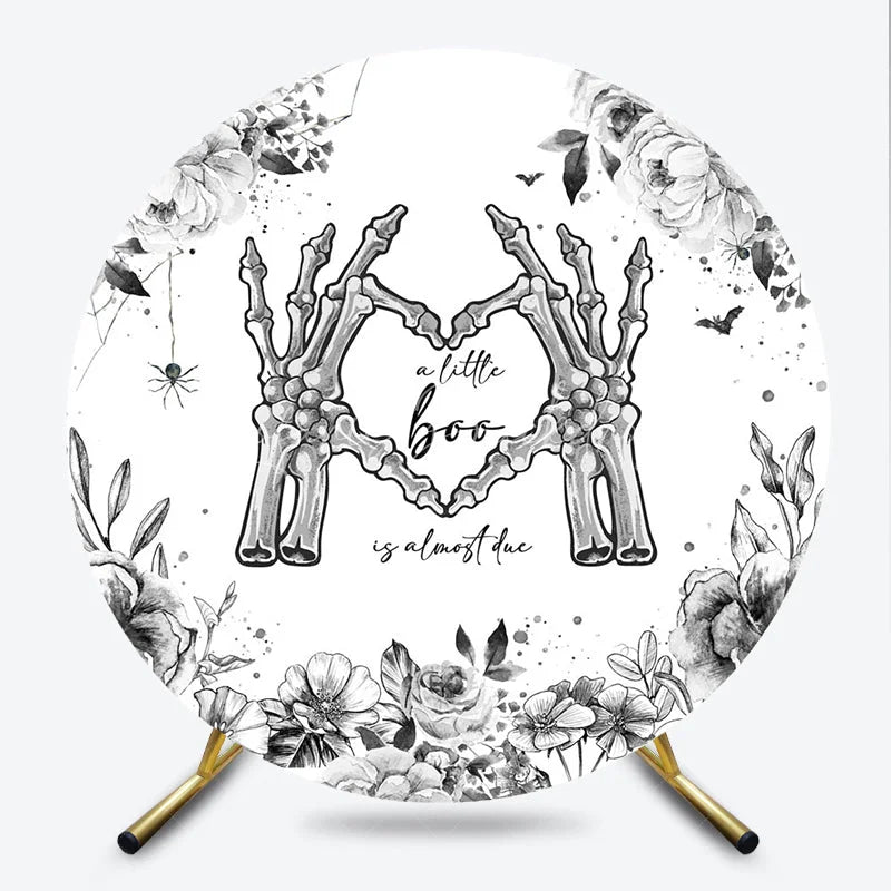 Lofaris A Little Boo is Almost Due Round Backdrop Gothic Skeleton Hands with Floral Halloween Baby Shower Decor