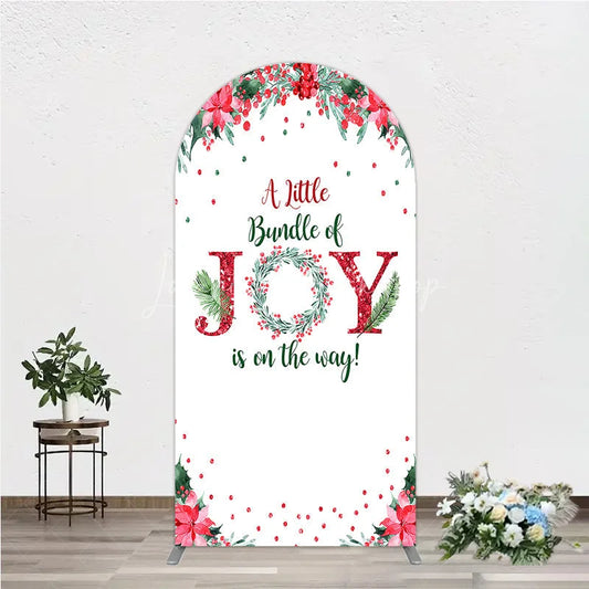 Lofaris A Little Bundle of Joy is on the Way Arch Backdrop Christmas Baby Shower with Poinsettia Winter Floral Decor