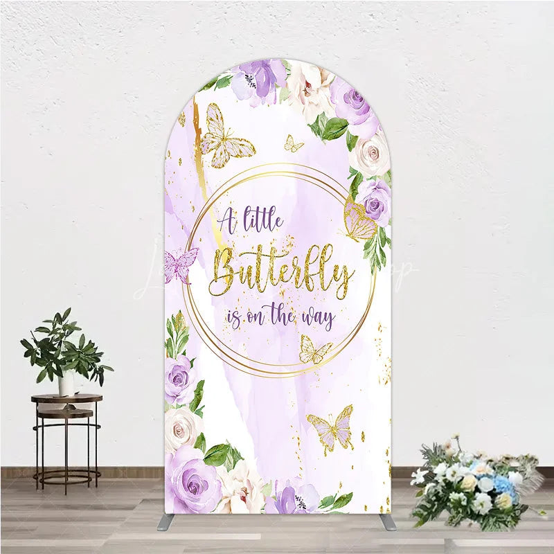 Lofaris A Little Butterfly is on the way Arch Backdrop Purple Floral Baby Shower Decor Gold for Girl