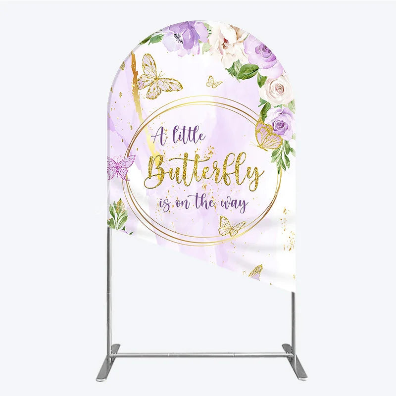 Lofaris A Little Butterfly is on the way Arch Backdrop Purple Floral Baby Shower Decor Gold for Girl