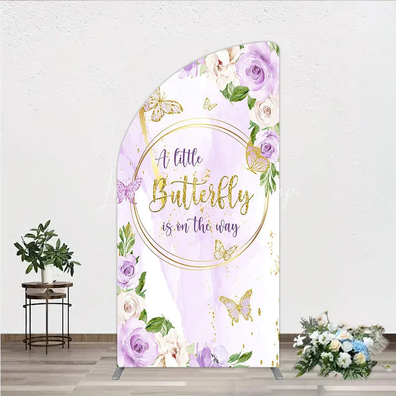 Lofaris A Little Butterfly is on the way Half Moon Arch Backdrop Purple Floral Baby Shower Decor Gold for Girl