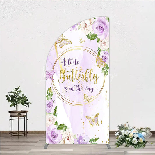 Lofaris A Little Butterfly is on the way Half Moon Arch Backdrop Purple Floral Baby Shower Decor Gold for Girl
