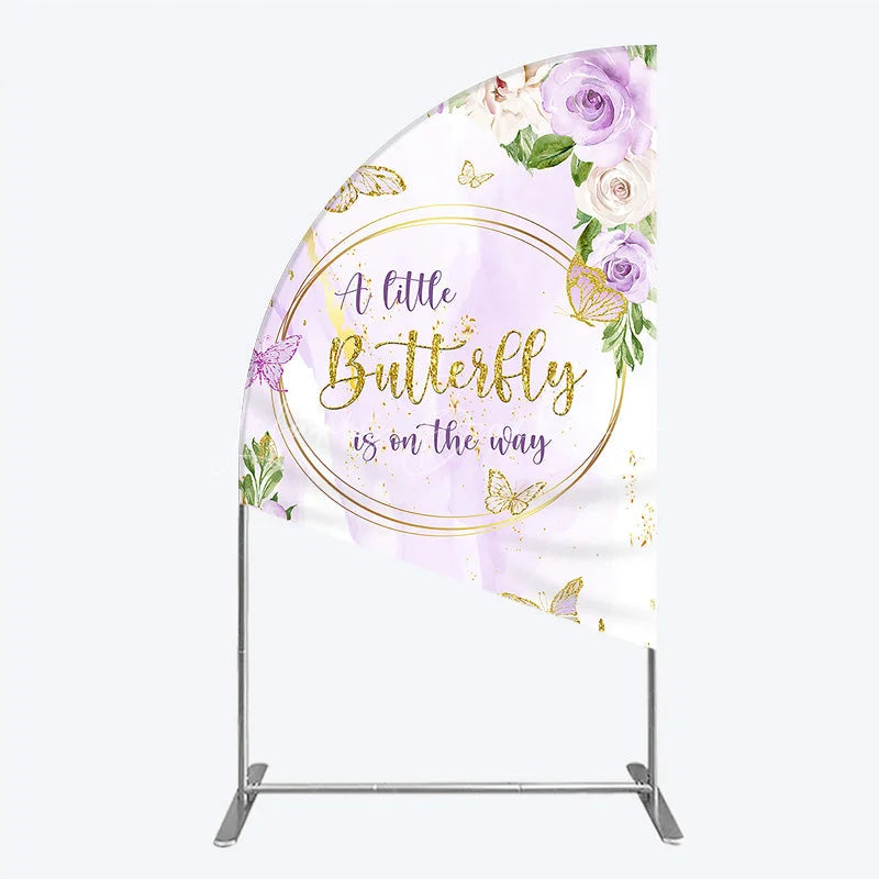 Lofaris A Little Butterfly is on the way Half Moon Arch Backdrop Purple Floral Baby Shower Decor Gold for Girl