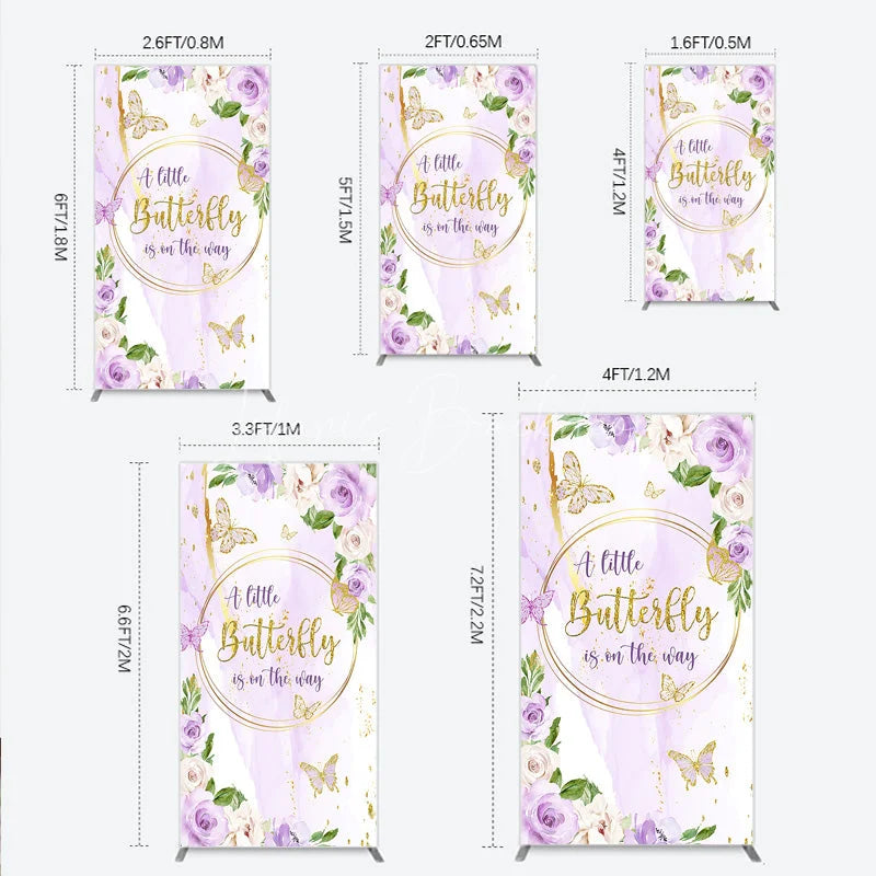 Lofaris A Little Butterfly is on the way Rectangle Backdrop Purple Floral Baby Shower Decor Gold for Girl