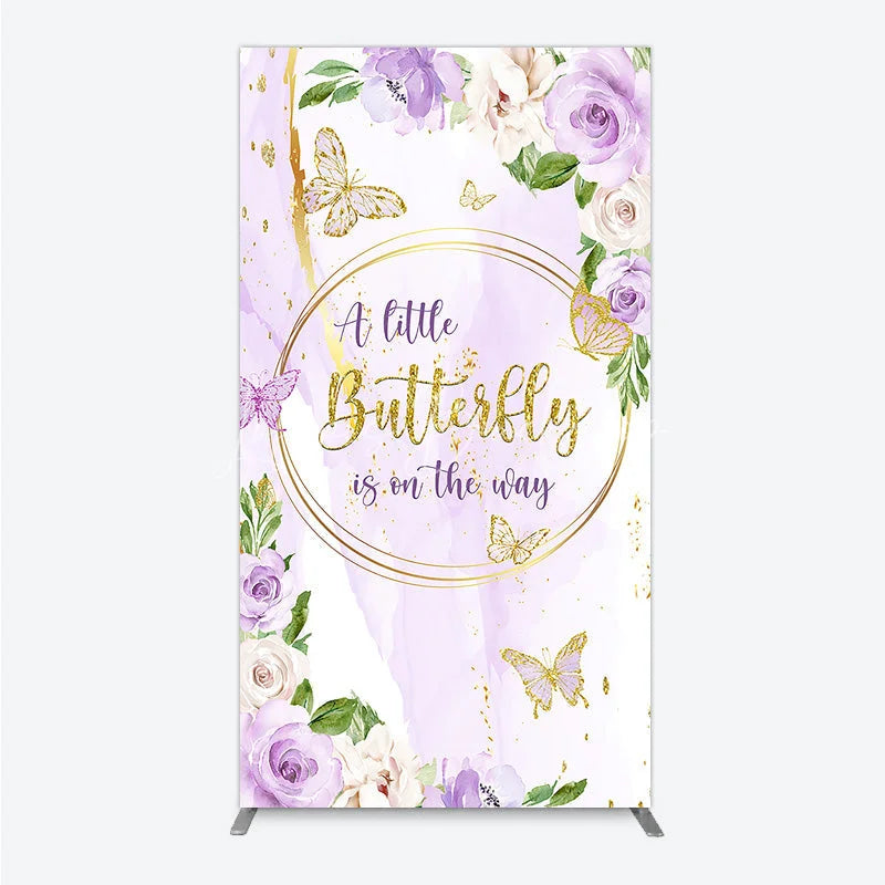 Lofaris A Little Butterfly is on the way Rectangle Backdrop Purple Floral Baby Shower Decor Gold for Girl