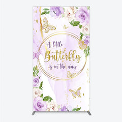 Lofaris A Little Butterfly is on the way Rectangle Backdrop Purple Floral Baby Shower Decor Gold for Girl