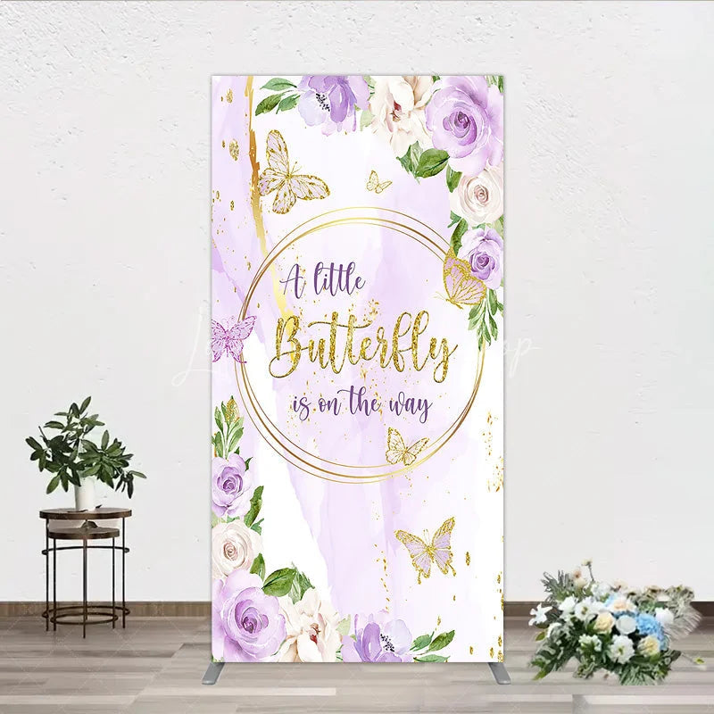 Lofaris A Little Butterfly is on the way Rectangle Backdrop Purple Floral Baby Shower Decor Gold for Girl
