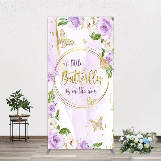 Lofaris A Little Butterfly is on the way Rectangle Backdrop Purple Floral Baby Shower Decor Gold for Girl