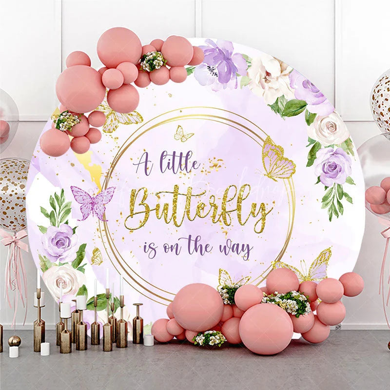 Lofaris A Little Butterfly is on the Way Round Backdrop Purple and Gold Floral Girl Baby Shower Party Decor