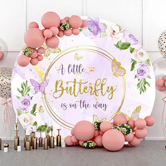 Lofaris A Little Butterfly is on the Way Round Backdrop Purple and Gold Floral Girl Baby Shower Party Decor