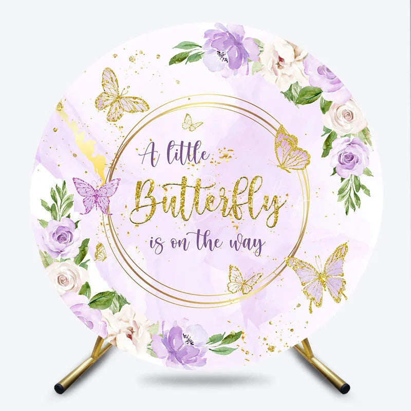 Lofaris A Little Butterfly is on the Way Round Backdrop Purple and Gold Floral Girl Baby Shower Party Decor