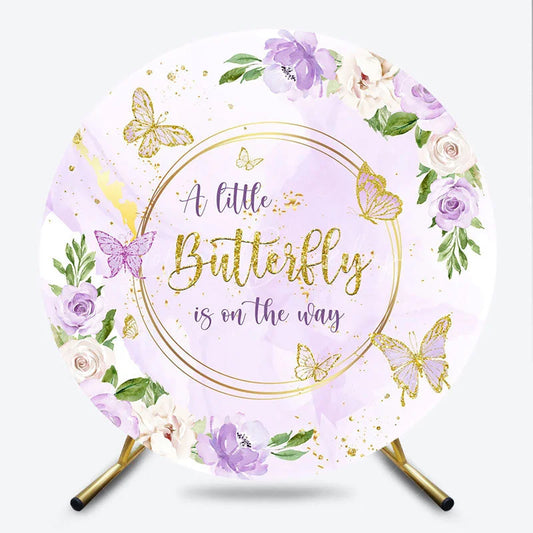 Lofaris A Little Butterfly is on the Way Round Backdrop Purple and Gold Floral Girl Baby Shower Party Decor