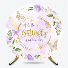 Lofaris A Little Butterfly is on the Way Round Backdrop Purple and Gold Floral Girl Baby Shower Party Decor