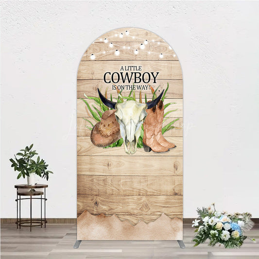 Lofaris A Little Cowboy is on the Way Arch Backdrop Rustic Western Baby Shower Decor Wood and String Lights Photo Booth