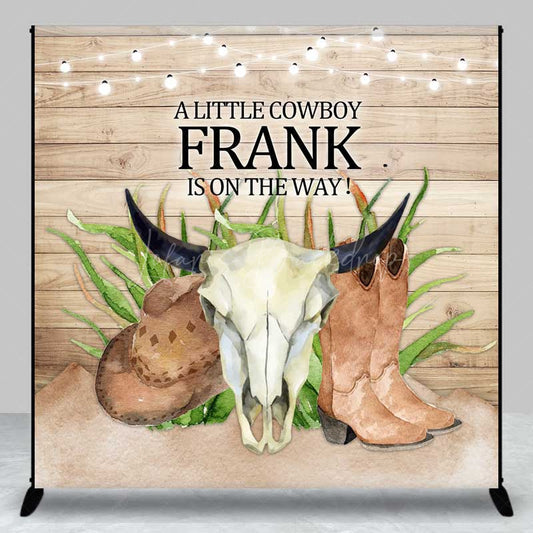 Lofaris A Little Cowboy Is On The Way Custom Backdrop Western Themed Baby Shower Rustic Wood and Skull Photo Prop Decor