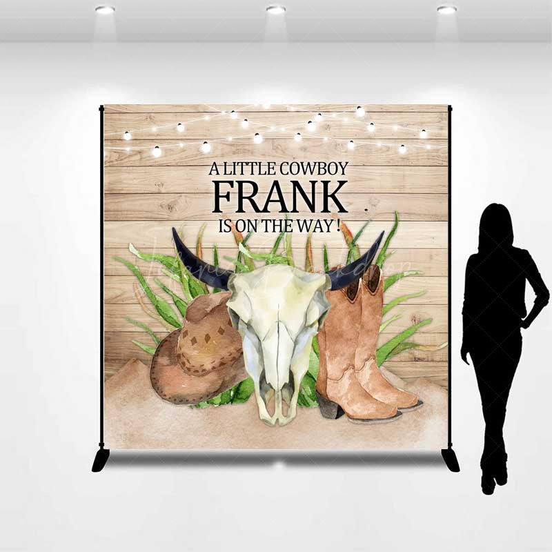 Lofaris A Little Cowboy Is On The Way Custom Backdrop Western Themed Baby Shower Rustic Wood and Skull Photo Prop Decor