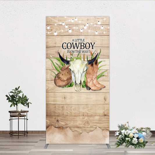 Lofaris A Little Cowboy is on the Way Rectangle Backdrop Rustic Western Baby Shower Decor Wood and String Lights Photo Booth