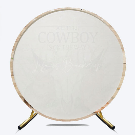 Lofaris A Little Cowboy Is On The Way Round Backdrop Western Themed Baby Shower Rustic Wood and Skull Photo Prop Decor