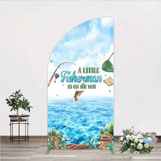 Lofaris A Little Fisherman is on the Way Half Moon Arch Backdrop Lake Fishing Boat Baby Shower Decoration