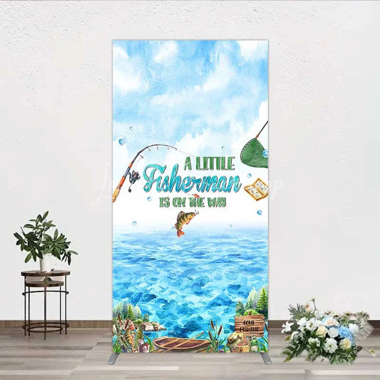 Lofaris A Little Fisherman is on the Way Rectangle Backdrop Lake Fishing Boat Baby Shower Decoration
