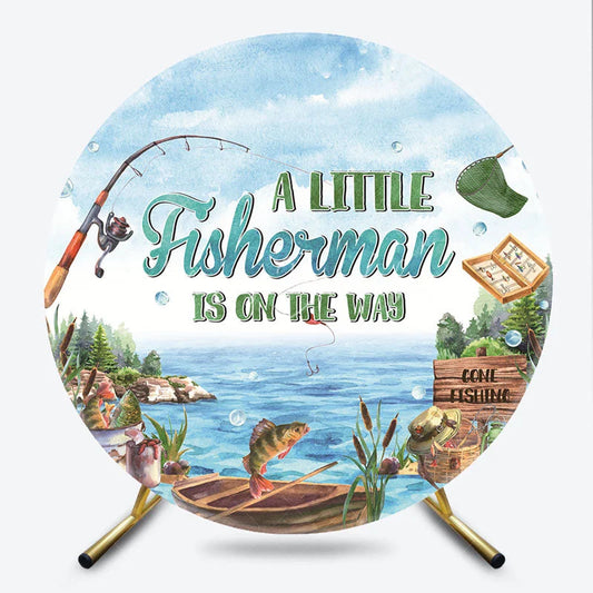 Lofaris A Little Fisherman Is On The Way Round Backdrop Gone Fishing Theme Lake and Boat Party Cover