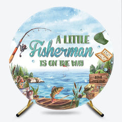 Lofaris A Little Fisherman Is On The Way Round Backdrop Gone Fishing Theme Lake and Boat Party Cover