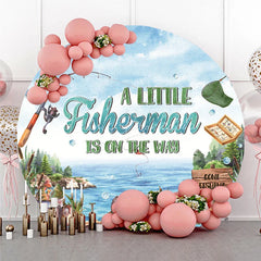 Lofaris A Little Fisherman Is On The Way Round Backdrop Gone Fishing Theme Lake and Boat Party Cover